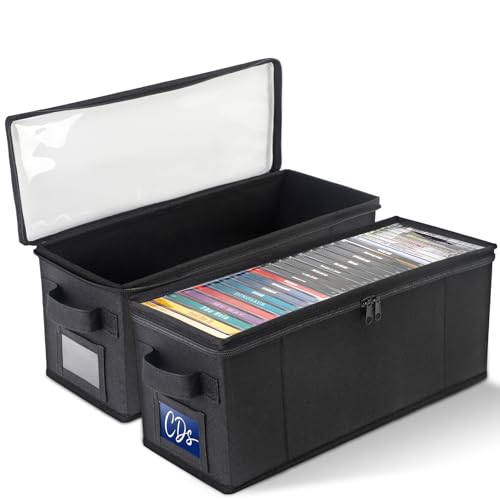 CCidea CD Storage Box with Clear Window - 2 Pack Media Organizer, Innovative Folding Design for CD Discs, CD Holder with Reinforced Handle & Label Slot, Holds 29 CDs Each, Fits Car & Home Use (2)