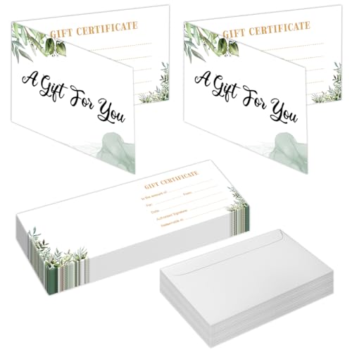 50 conjuntos de vales de presente para empresas, vales-presente em branco com envelopes, vales de pr