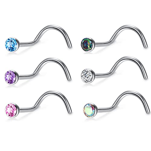 BelezaDosas 6pcs G23 Titanium Nose Studs 18G 20G Screw Nose Ring Press Fit 2mm 2.5mm 3mm Piercing Jewelry for Sensitive Skin