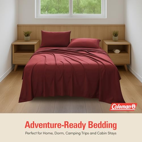 Image of Coleman Queen Sheet Set - Durable Home Bedding with Outdoor Heart, Stylish & Reliable for Bedroom or Cabin - Premium Solid Color, Built for Comfort, Style & Occasional Outdoor Use, Burgundy