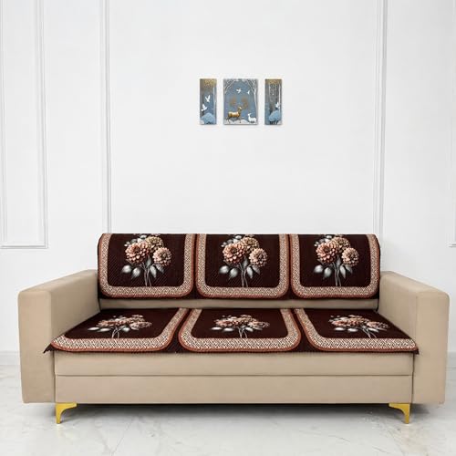 Image of Homerz 'Brooklyn Series' Premium Sofa Cover | Quilted Floral Design | Non-Slip Washable Sofa Protector | Soft Anti Slip Fabric (Brown, 6 (3+2+1) Seater, Seat Cover with Backrest)