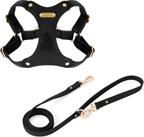 Hubiuyo ソフトレザー引っ張らない犬用ハーネスとリードセット - 引っ張らない調節可能な耐久性のある犬用ハーネス、小型中型大型犬用 簡単なウォーキングトレーニング ペットハーネス 犬用リード 犬用首輪 犬用リード 小型犬・中型犬用 (L,ブラック)