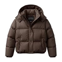 Women's Ladies Teens Oversized Short Puffer Jacket, Hooded Winter Coat, Cropped Length with Side Pockets Padded Coats Teens Teenagers Plain Padded Quilted Hood Coat for Casual School Autumn Brown XL