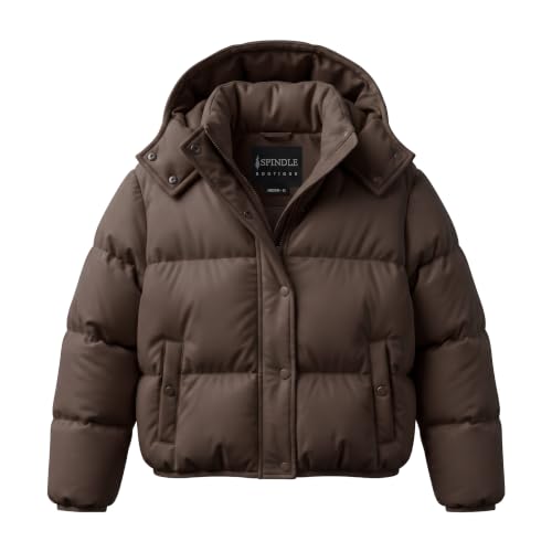 Image of Women's Ladies Teens Oversized Short Puffer Jacket, Hooded Winter Coat, Cropped Length with Side Pockets Padded Coats Teens Teenagers Plain Padded Quilted Hood Coat for Casual School Autumn Brown L