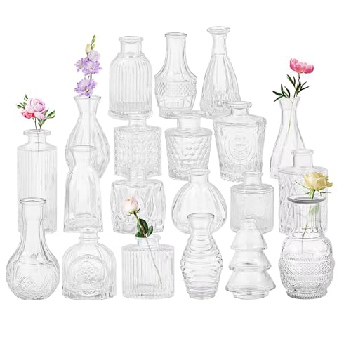 Set of 20 Glass Bud Vases,Small Clear Vases,Wedding Centerpiece Table Decorations,Clear Vintage Embossed Mini Vases,Flower Arrangements in for Party or Home Decor