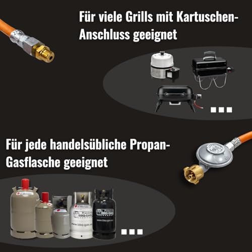 Umrüstset von Schraub Gas Kartusche auf Gasflasche für Gasgrills mit EN417 Schraubkartuschenanschluss Gasdruckminderer 50 mbar Gasschlauch 100cm