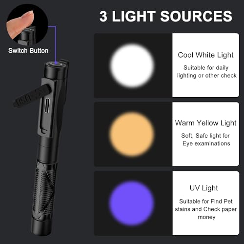 PEAKRO Diagnostikleuchte Medizinische Pupillenleuchte Wiederaufladbare USB, 3-Farben-Licht, Tragbare LED Stiftlampe mit Taschenclip für Krankenschwestern Studentische Ärzte
