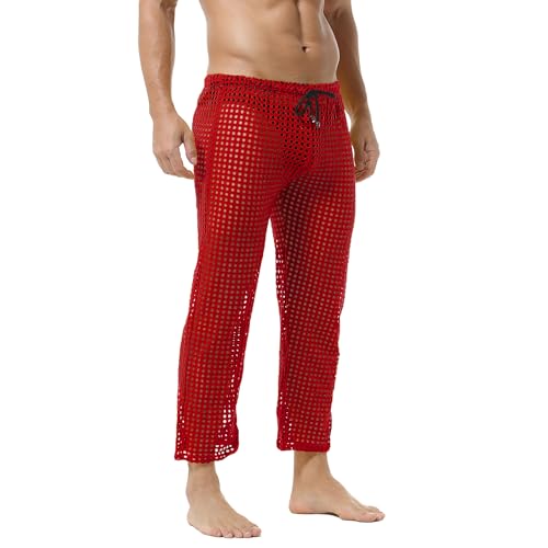 Men's Hollow Openwork Drawstring Lounge Sexy Mesh Pants Breathable Long Pants Pajamas Novelty Bottoms4