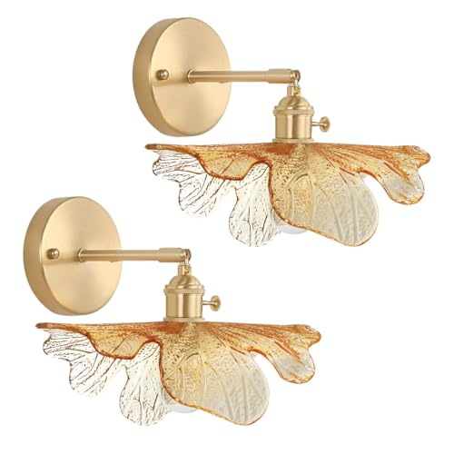 Image of Amber Glass Wall Sconce 2-Light Bathroom Vanity Lights with Flower Glass Shade Gold Brass Wall Sconce Vintage Mid Century Vanity Wall Light for Over Mirror Farmhouse Bedroom Doorway