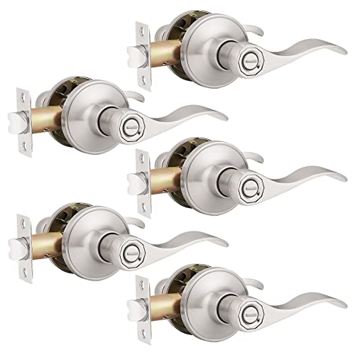 Probrico (5 Pack)Privacy Door Lever[Thumb Turn Lock On The Inside],Locking Door Handle Set For Bedroom & Bathroom Doors,Keyless Satin Nickel Finish Wave Door Lock, Reversible Right & Left Side Handed #TOP29