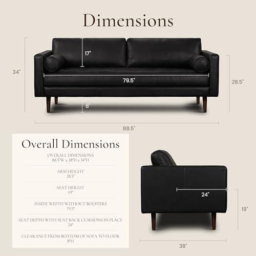 Image of POLY & BARK Napa 88.5 inch Leather Sofa - Full-Grain Italian-Tanned Aniline Leather, Feather-Down Comfort, Solid Wood Frame, Walnut Legs, Onyx Black
