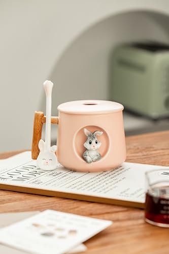 Image of DIHOclub Adorable 3D Ceramic Rabbit Mug with Lid and Spoon Perfect for Coffee, Tea, Milk, and More - Ideal Gift for Bunny Lovers - 14 Ounces (Pink)