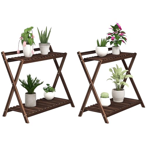 Outsunny Lot de 2 support plantes intérieur 2 niveaux, étagères à plants en bois avec support arrière, intérieur et extérieur, pour jardin, balcon, salon, marron
