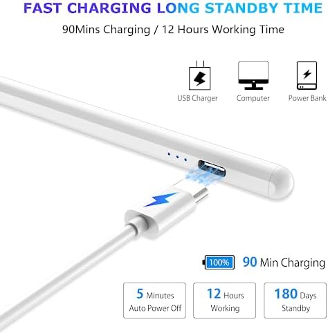 Stylus Pen for Android Touch Screens,Stylus Pencil for Tablet,Tablet Stylus Compatible Samsung/HuaWei/Tablet/Phone,Capacitive Pen with 2 Replacement Tips,Tablet Pencil with Palm Rejection,White