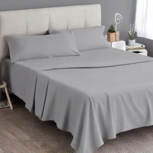 Image of Egyptian Cotton Feel King Size Flat Bedsheet with 2 Pillow Covers | 1000 TC Soft & Breathable | Light Grey Solid Pattern for Bedrooms and Hotels Use (Size: 102 x 108 Inch)