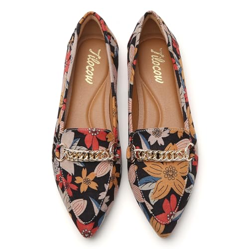 Image of Tilocow Metal Chain Loafers for Women Pointed Toe Slip on Flats Comfortable Fashion Work Shoes