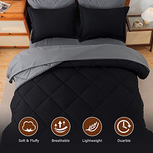 Cosybay Bed In A Bag Queen Reversible Comforter Sets 7Pcs All Season Down Alternative Bedding Sets Black And Grey With Comforter, Pillow Shams, Flat Sheet, Fitted Sheet And Pillowcase #TOP1