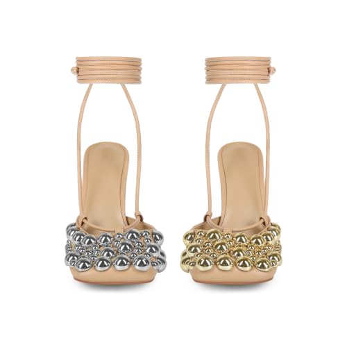 Image of Saint Leia Women's 4IN High Heel Sandals Nude Stiletto Pumps with Gold Silver Pearls Heels for Weddings Parties and Evening Wear