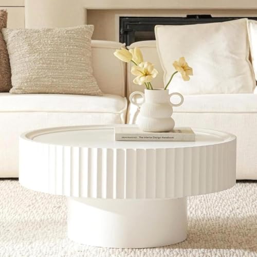 FAME HOME Round White Coffee Table, 30.3in Fluted Drum Living Room Table