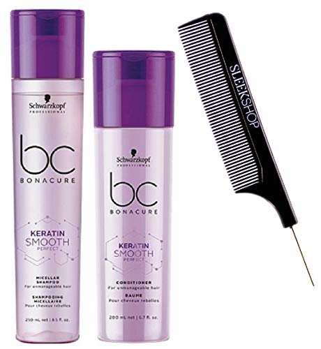 Schwarzköpf BC Bonacure Hairtherapy KERATIN SMOOTH PERFECT Micellar Shampoo & Conditioner Duo Set for Thick, Unruly, Coarse Hair (w/Sleek Comb) Frizzy, Wavy, Curly Hair (8.5 oz + 6.8 oz DUO KIT)