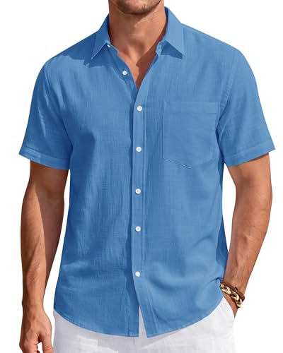 Image of J.VER Mens Linen Shirt Short Sleeve Button Down Casual Summer Shirts | Cotton Linen, Untucked, Big Tall, from Beach Camp Vacation, Cruise Fishing, Work Office, to Wedding Party Family, with Pocket