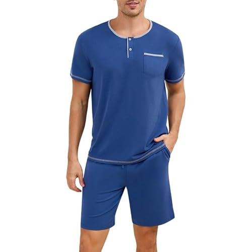Marvmys Mens Pajama Sets Cotton Pajamas Short Sleeve Henley Pjs Summer Sleepwear Soft Sleep Set with Pockets S-3XL