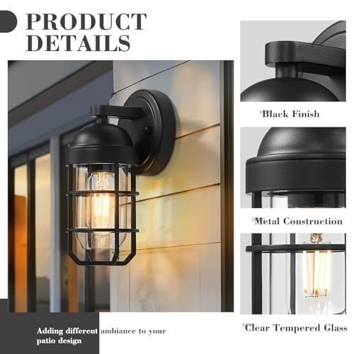 Image of Emliviar Modern Outdoor Wall Light for House Porches, Solid Classic Metal Cage, Retro Charm Exterior Wall Light, Clear Tempered Glass, Black Finish, GE255B BK