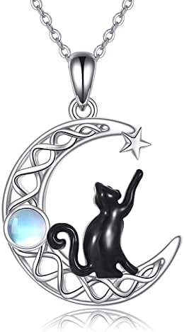 POPLYKE Black Cat Necklace Sterling Silver Moonstone Moon Irish Jewelry Gifts for Women