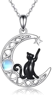 POPLYKE Black Cat Necklace Sterling Silver Moonstone Moon Irish Jewelry Gifts for Women