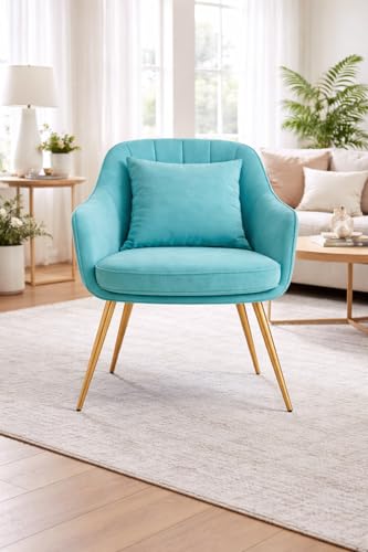 Image of Velvet Chair for Home | Modern Accent Armchair in Soft Velvet Fabric with Golden Legs | Set of 2 Premium Accent Chair for Living Room Bedroom Restaurent | (Sky Blue 1pc, Standard)