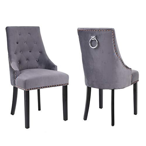 Lot de 2 chaises de salle à manger en velours clouté avec bouton touffeté à dossier haut Neo® 44cm x 56cm x 93.5cm gris foncé