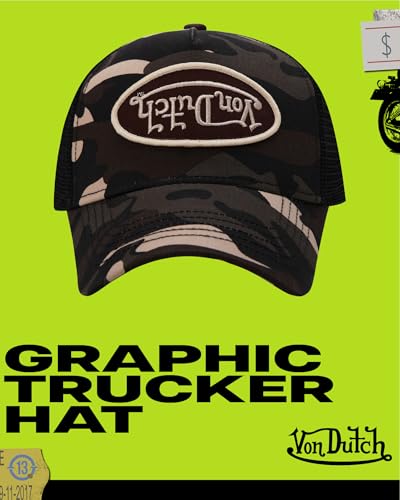 Image of Von Dutch Monogram Trucker Cap - Retro Snapback Cap for Men and Women - Adjustable Snap Fit Panel, Mesh Rear, Curved Bill