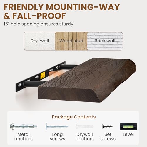 Image of Fun Memories 16 inch Elm Wood Floating Shelves for Wall, Walnut Finish, 2 Pack