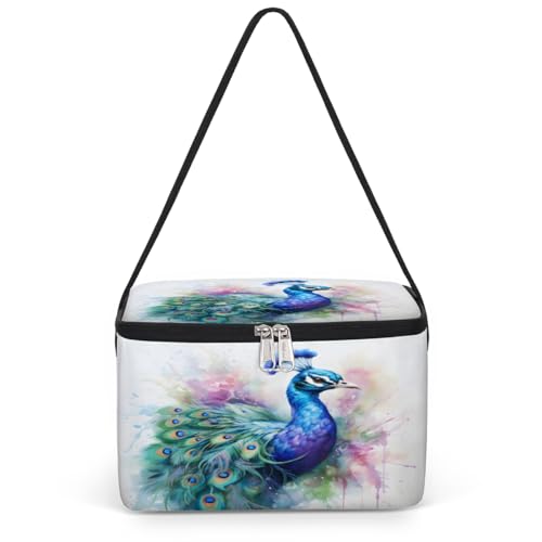 GzLeyigou Peacock Lunch Bags for Women Men 9 Cans, Hot & Cold Food Delivery Bag Insulated Grocery Bag Insulated Lunch Box Watercolor Peacock Cooler Bag for Office Work Picnic Beach