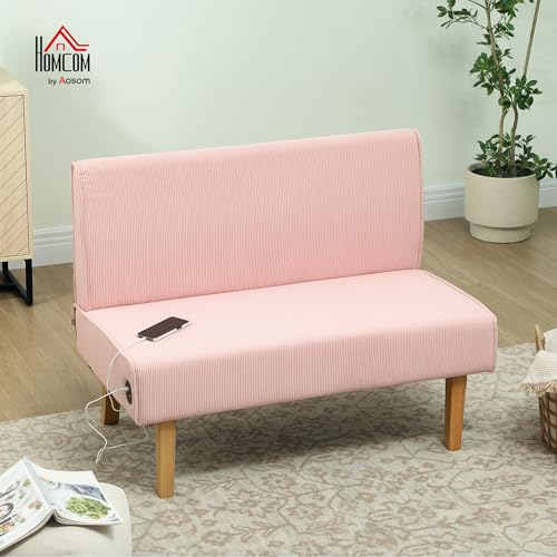 HOMCOM Sofá de 2 Plazas con 2 Puertos USB 1 Puerto Tipo-C Tapizado en Pana Sofá de Salón sin Brazos con Asiento de 20 cm y Patas de Madera Carga 220 kg 110x60x85 cm Rosa - imagen 2
