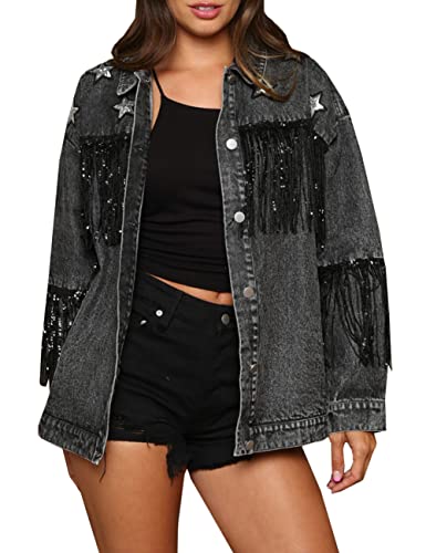 Lifeshe Womens Oversized Denim Jacket Casual Tassel Jean Coat With Rhinestone Fringe #TOP26