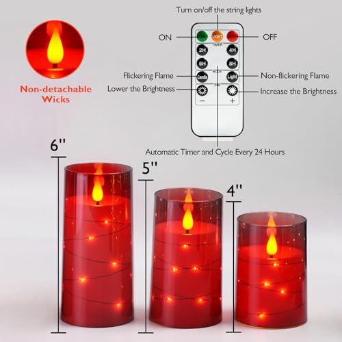 Image of Amagic Red Flameless Candles 3 Set, Flickering Battery Operated Candles Embedded Fairy String Light, Realistic Pillar Candle with Remote Control and Timer, Acrylic, D3 x H4 5 inch 6 inch