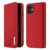DUX DUCIS Genuine Leather Wallet Case for iPhone 11, Shockproof Flip Folio Wallet Cover with Card Slots, Magnetic Closure, Kickstand for iPhone 11 (Red)