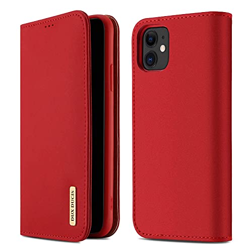 iPhone 11 Wallet Case,DUX DUCIS Genuine Leather Flip Folio Wallet Case with Card Slots, Magnetic Closure,Kickstand Function,Durable Shockproof Cover for iPhone 11（Red）