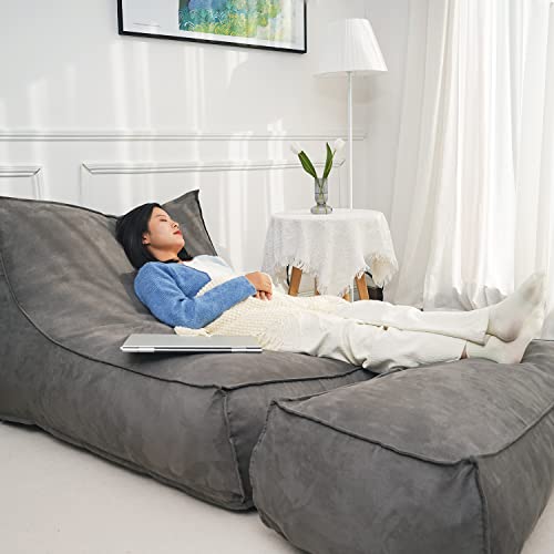N&V Giant Foam Filling Floor Sofa, Extra Large High Density Foam Bean Bag, Faux Chamois Cover, Independent Linen (Grey, With Ottoman) #TOP5