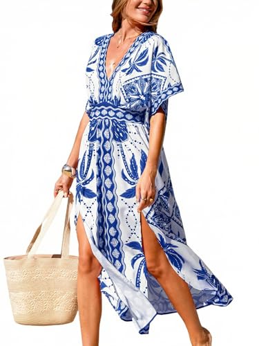 Image of CUPSHE Womens Tropical Floral Maxi Dress V Neck Short Sleeve Smocked Side Slit Dress Summer Vacation Beach Pocket Long Dress