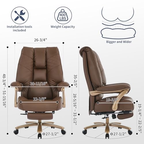Image of EXCEBET Big and Tall Executive Office Chair with Footrest, 400LBS Capacity Ergonomic High-Back Desk Office Chair with Lumbar Support, Padded Armrests & Thick Cushion, Brown PU Leather Chairs