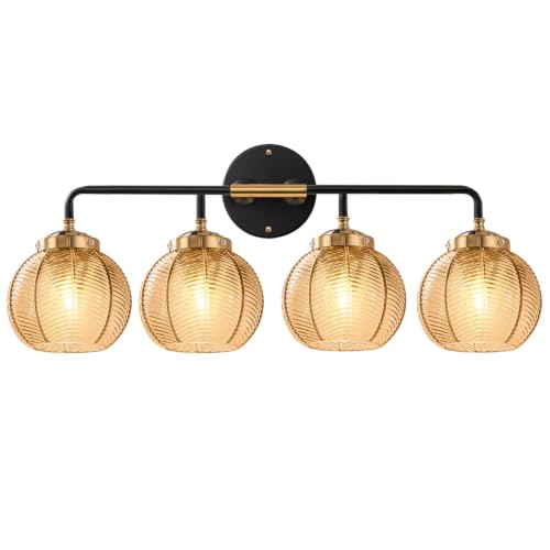 Image of 4Lights Bathroom Vanity Light Fixture Amber Glass Globe Wall Sconce | Mid Century Modern Vintage 5.9″ Ribbed Glass Shade Black Gold Finish 27.2″ for Bathroom Over Mirror Bedroom Hallway