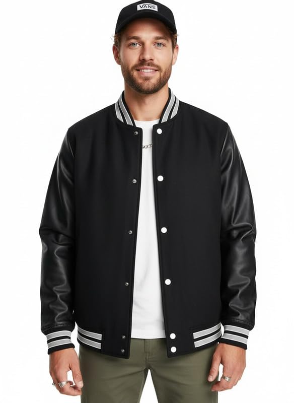 Solid Black Button up Versity Jacket for Men-image-17