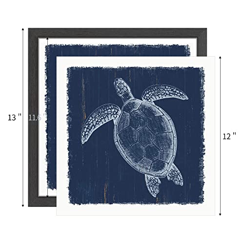 Coastal Framed Wall Art Decor: Ocean Theme Navy Artwork Beach Starfish Pictures Marine Life Turtle Seahorse Nautical Octopus Reef Snail Prints Blue Seascape Painting For Bathroom #TOP2