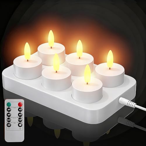 LED oplaadbaar vlamloos theelichtje, flikkerende theelichtkaarsen Witte basis met laadstation, cadeaudecoratie voor feestvakantie, Thanksgiving, kerstset van 12 (veelkleurig met afstandsbediening