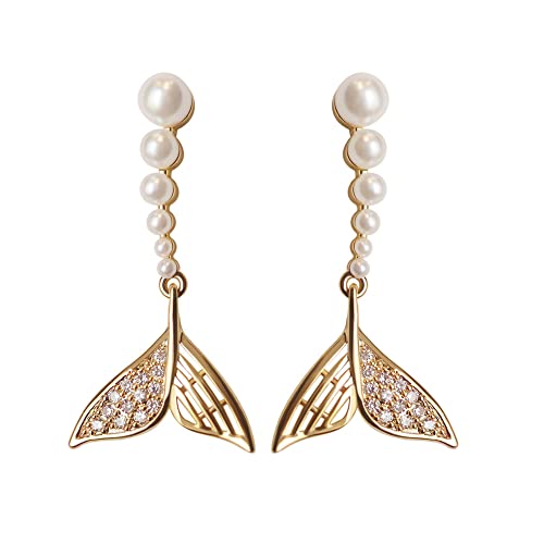 Pearl Mermaid Tail Dangle Stud Earrings for Women Girls 925 Sterling Silver Cubic Zirconia Shell Pearls Drop Ocean Fishtail Charms Dangling Dainty Cute Christmas Birthday Valentines Jewelry Gifts
