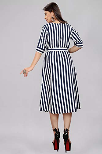 Image of AA Creation Women's Casual Crepe Striped Short Fit and Flare Western Dress (129, S, White Blue Striped One Piece)