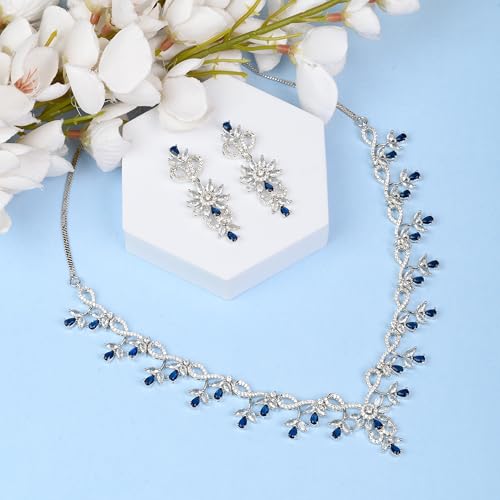 Image of Alloy White Plated American Diamond Necklace Set for Women and Girls with Matching Earrings, S Hook Closure Necklace and Push Plug Earrings for Traditional Outfit