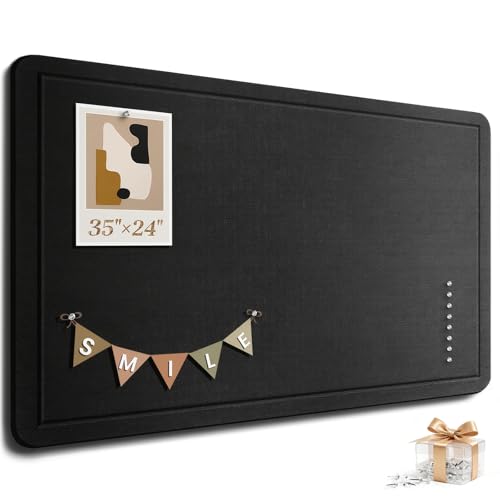 Large Bulletin Board, 35 X 24 Inches Felt Cork Board with 40 Pushpins, Foldable Felt Notice Pin Board Photo Display Board with Self-Adhesive Tape for Office Home School (Black, 35x24 inch)